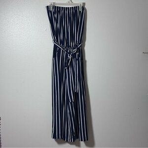 Papaya Women's Blue/white Stripe Jumper Crop Palazzo Strapless Belted Small